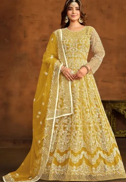 Embroidered Net Abaya Style Suit in Yellow