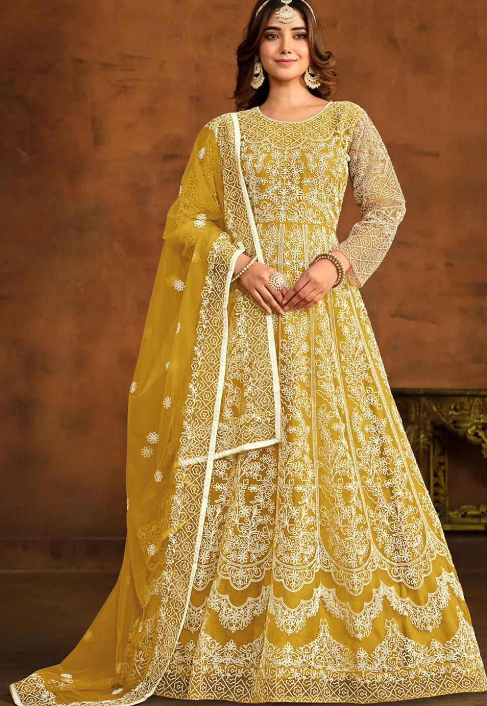 Embroidered Net Abaya Style Suit in Yellow
