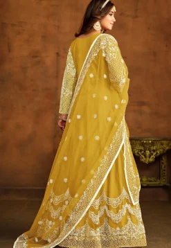 Embroidered Net Abaya Style Suit in Yellow