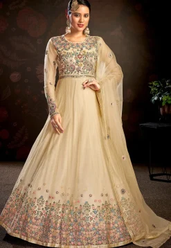 Embroidered Net Abaya Style Suit in Beige