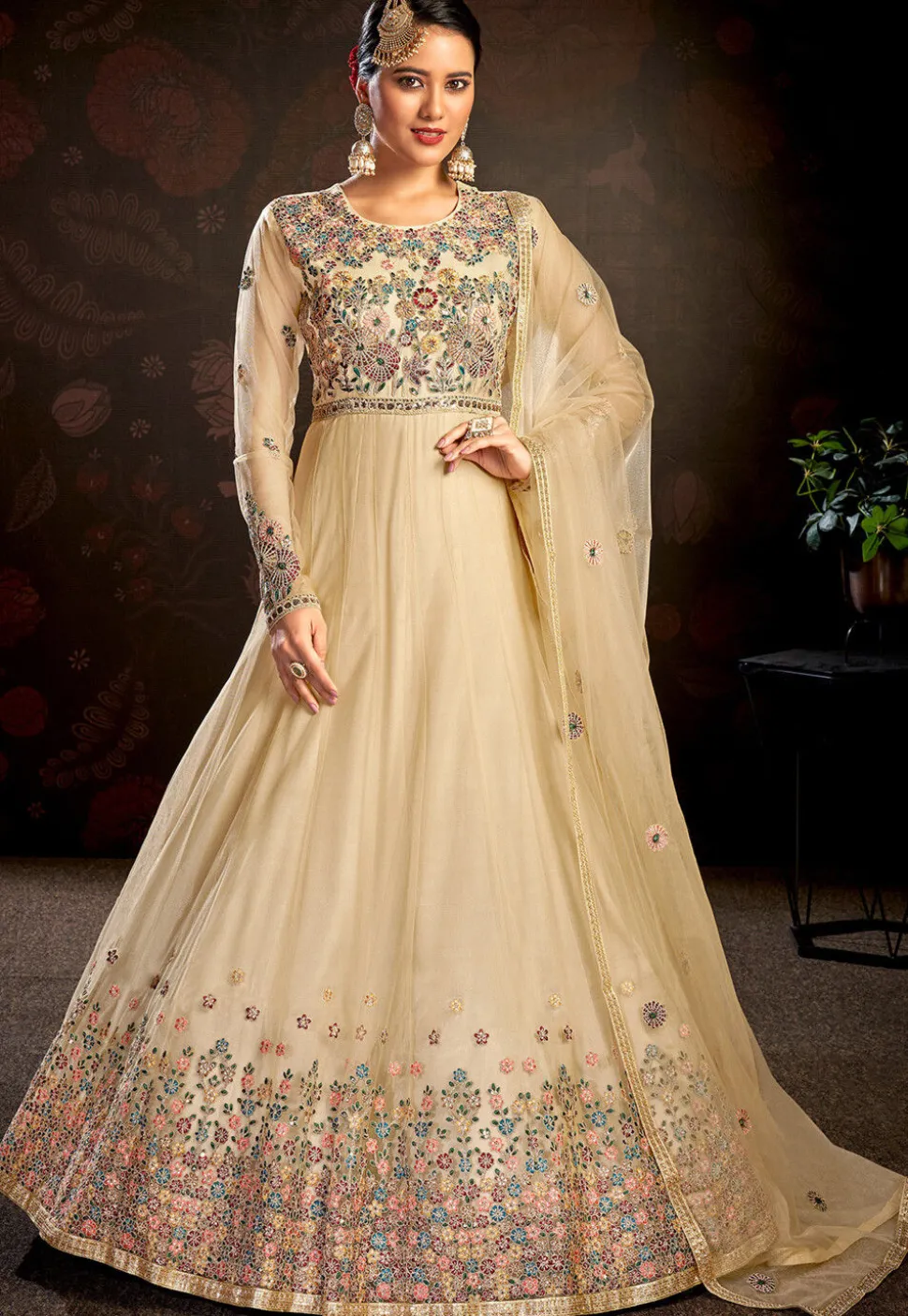Embroidered Net Abaya Style Suit in Beige