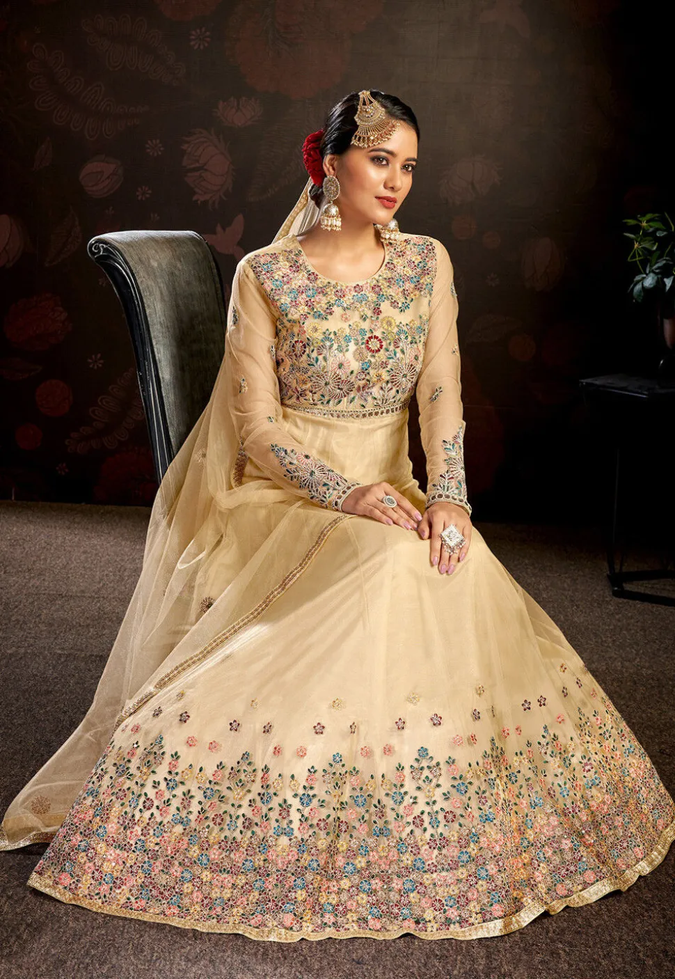 Embroidered Net Abaya Style Suit in Beige