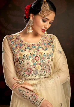 Embroidered Net Abaya Style Suit in Beige