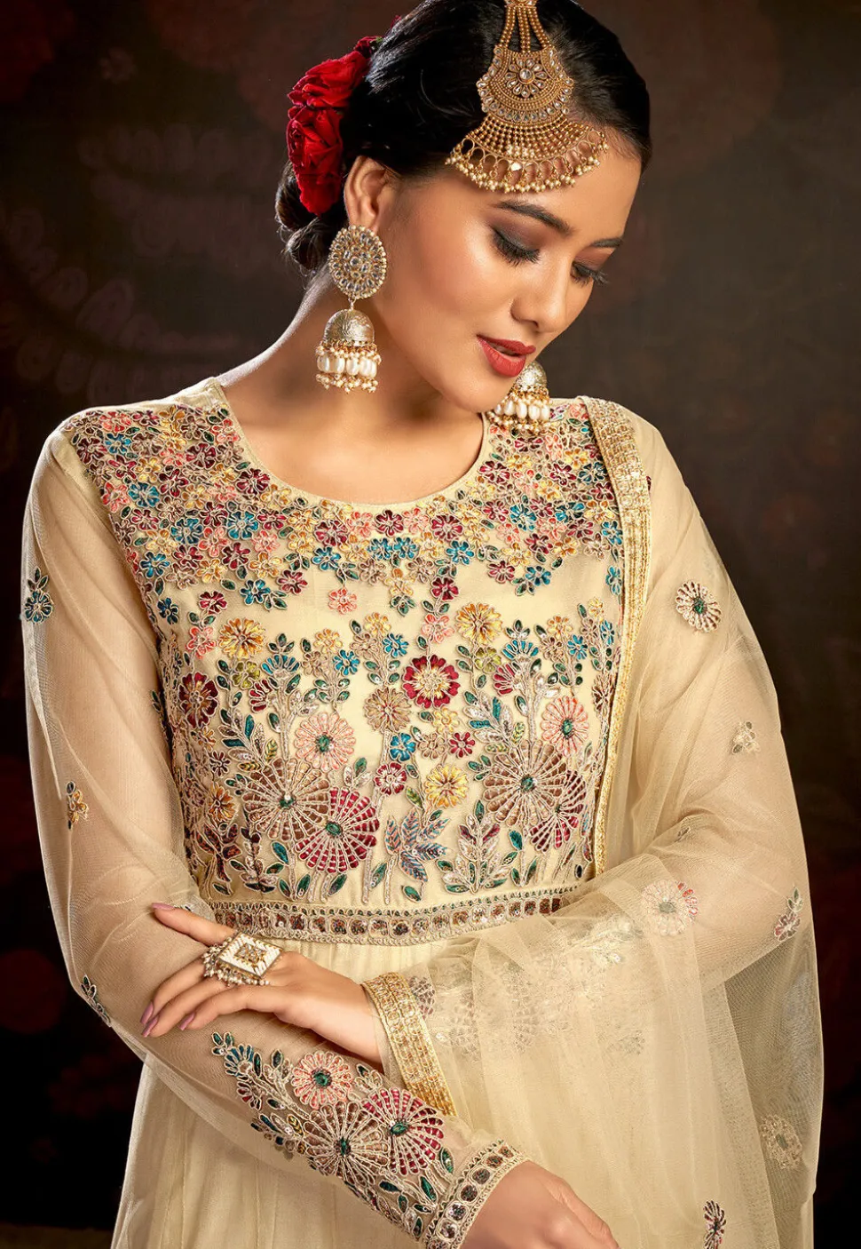Embroidered Net Abaya Style Suit in Beige