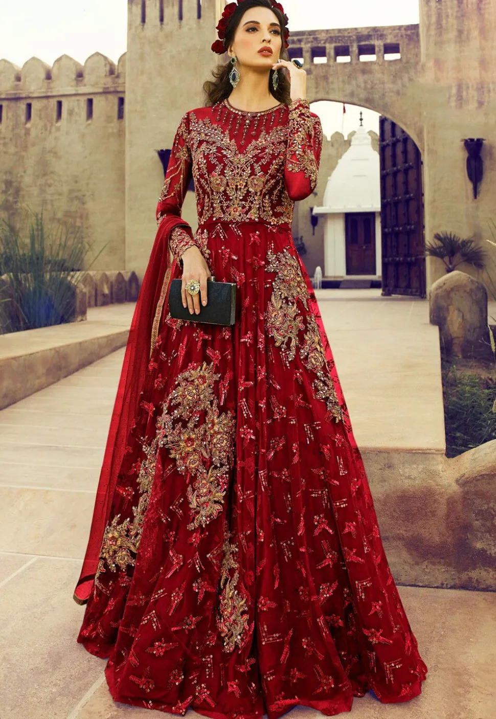 Embroidered Net Abaya Style Suit in Maroon