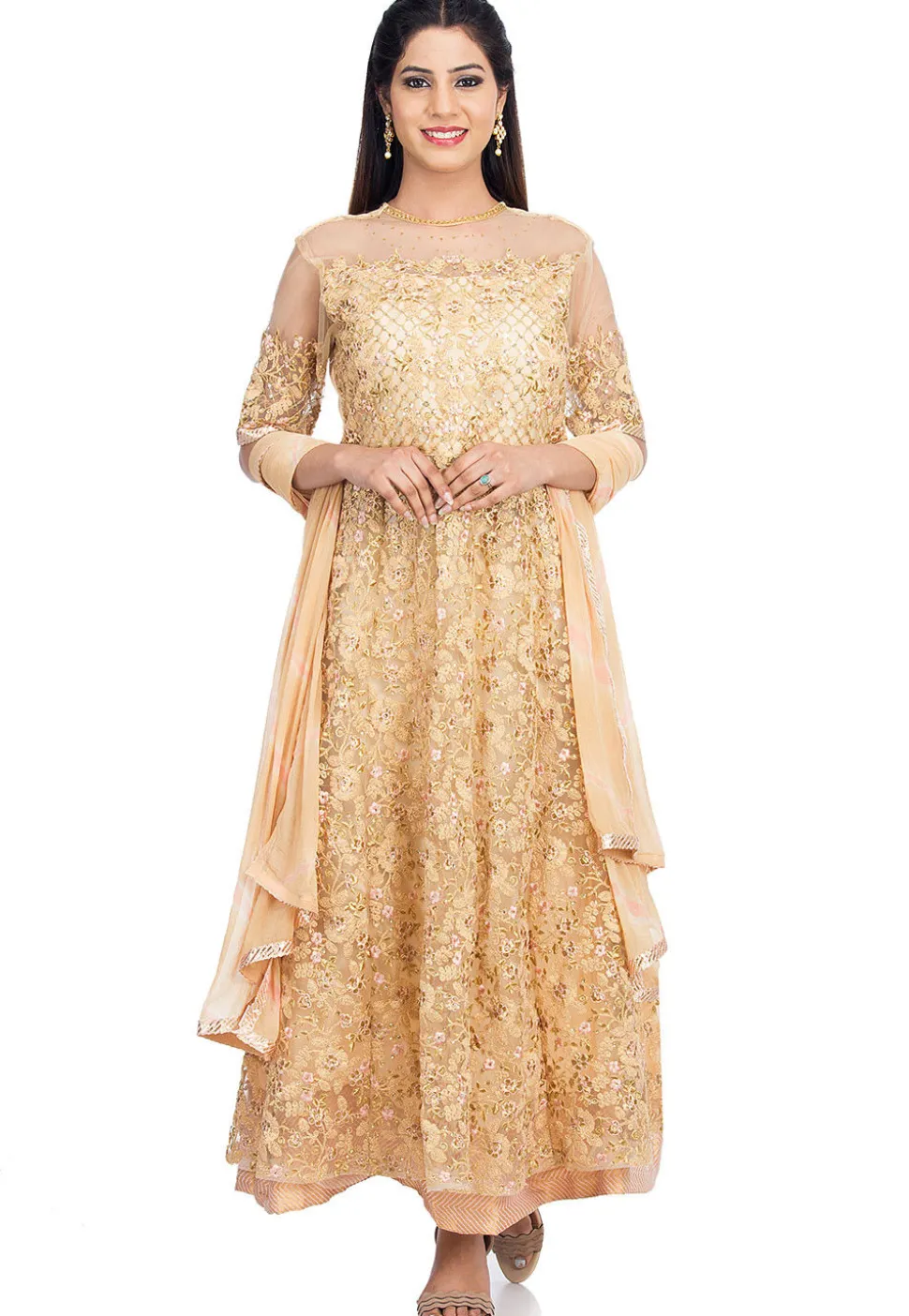 Embroidered Net Abaya Style Suit in Light Beige