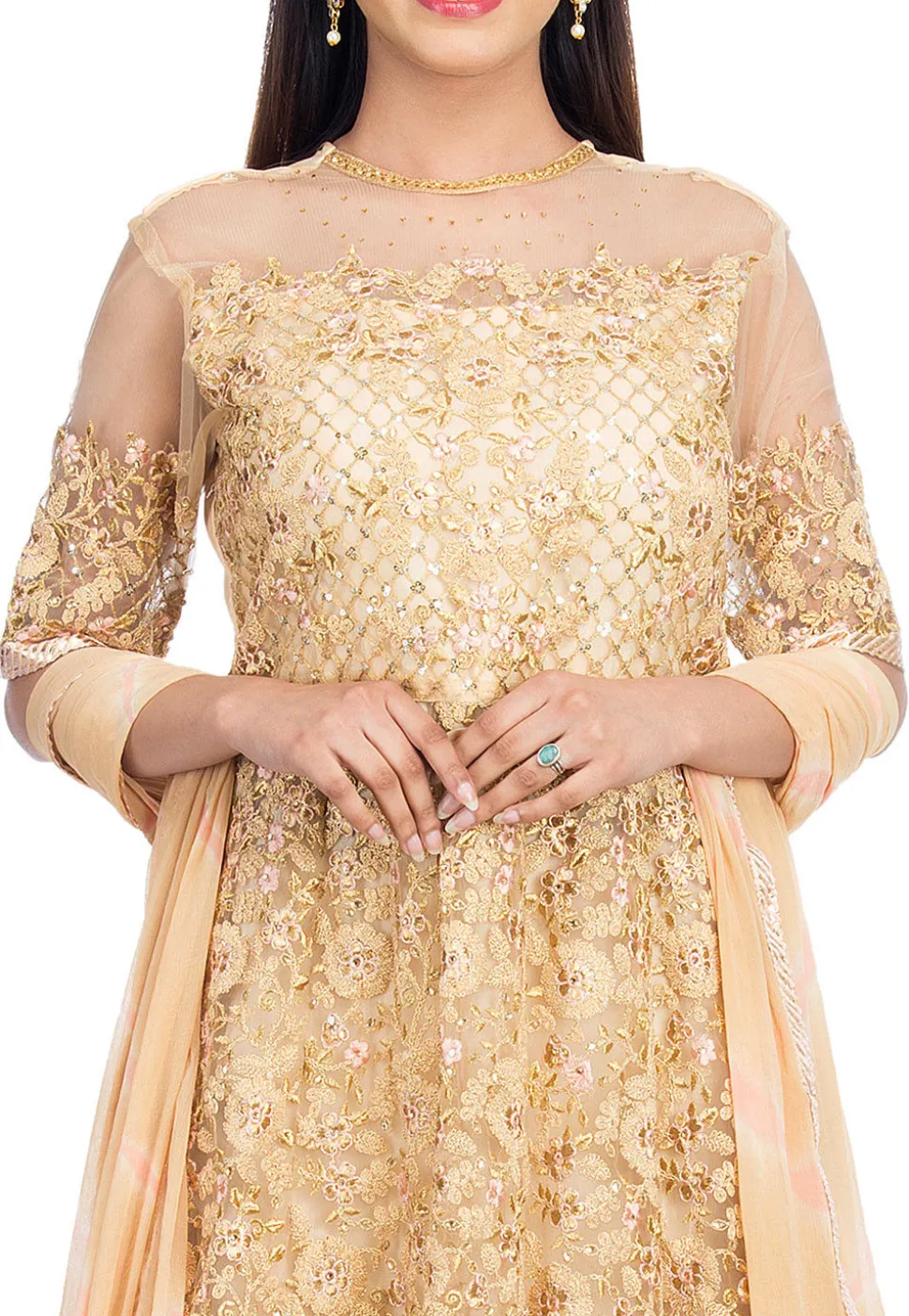 Embroidered Net Abaya Style Suit in Light Beige