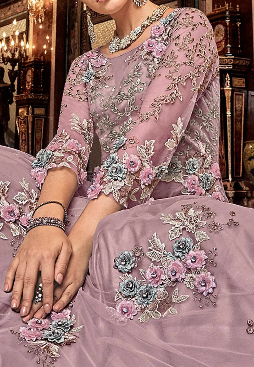 Embroidered Net Abaya Style Suit in Lilac