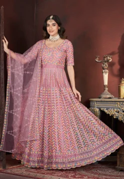 Embroidered Net Abaya Style Suit in Pink