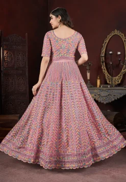 Embroidered Net Abaya Style Suit in Pink