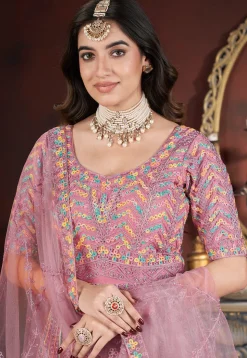 Embroidered Net Abaya Style Suit in Pink