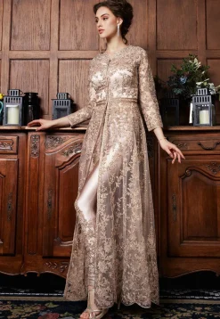 Embroidered Net Abaya Style Suit in Rose Gold
