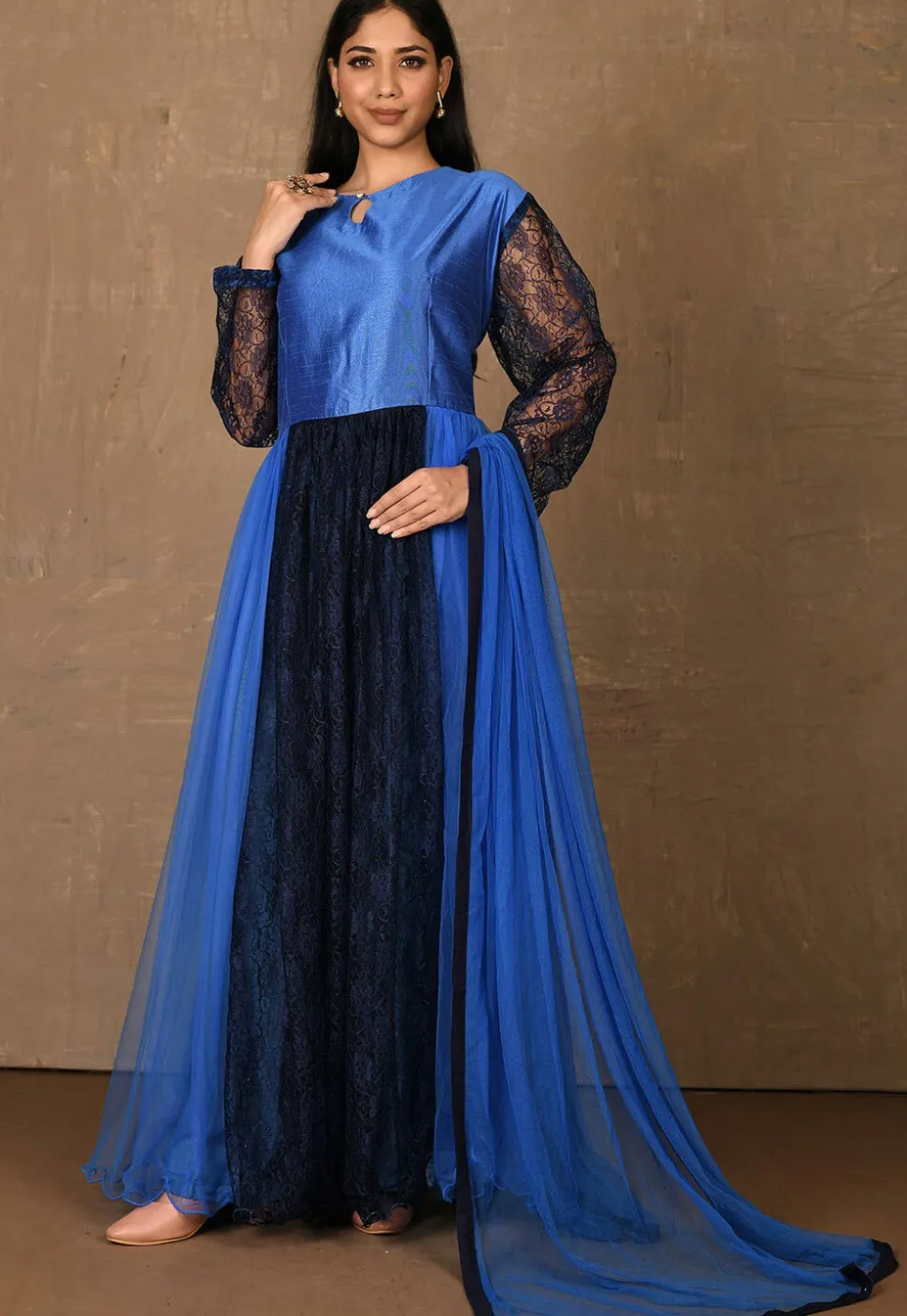 Embroidered Net Abaya Style Suit in Blue