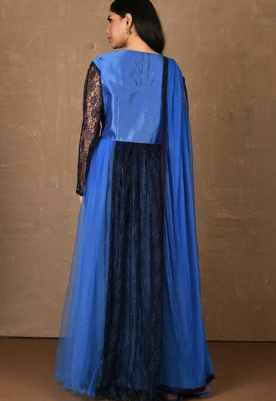 Embroidered Net Abaya Style Suit in Blue