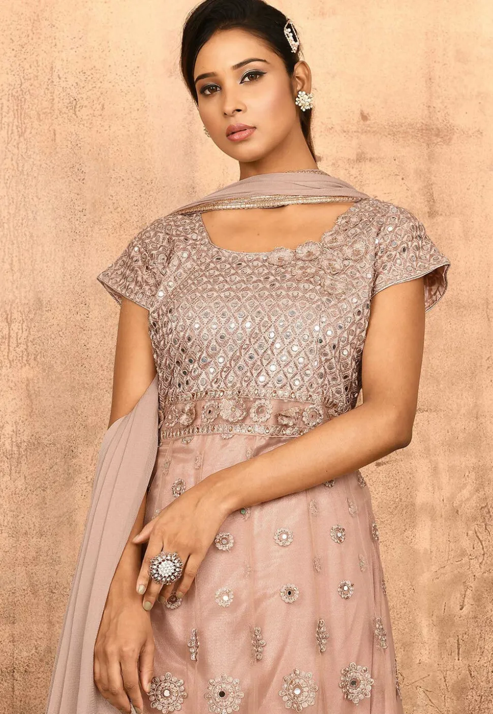 Embroidered Net Abaya Style Suit in Old Rose