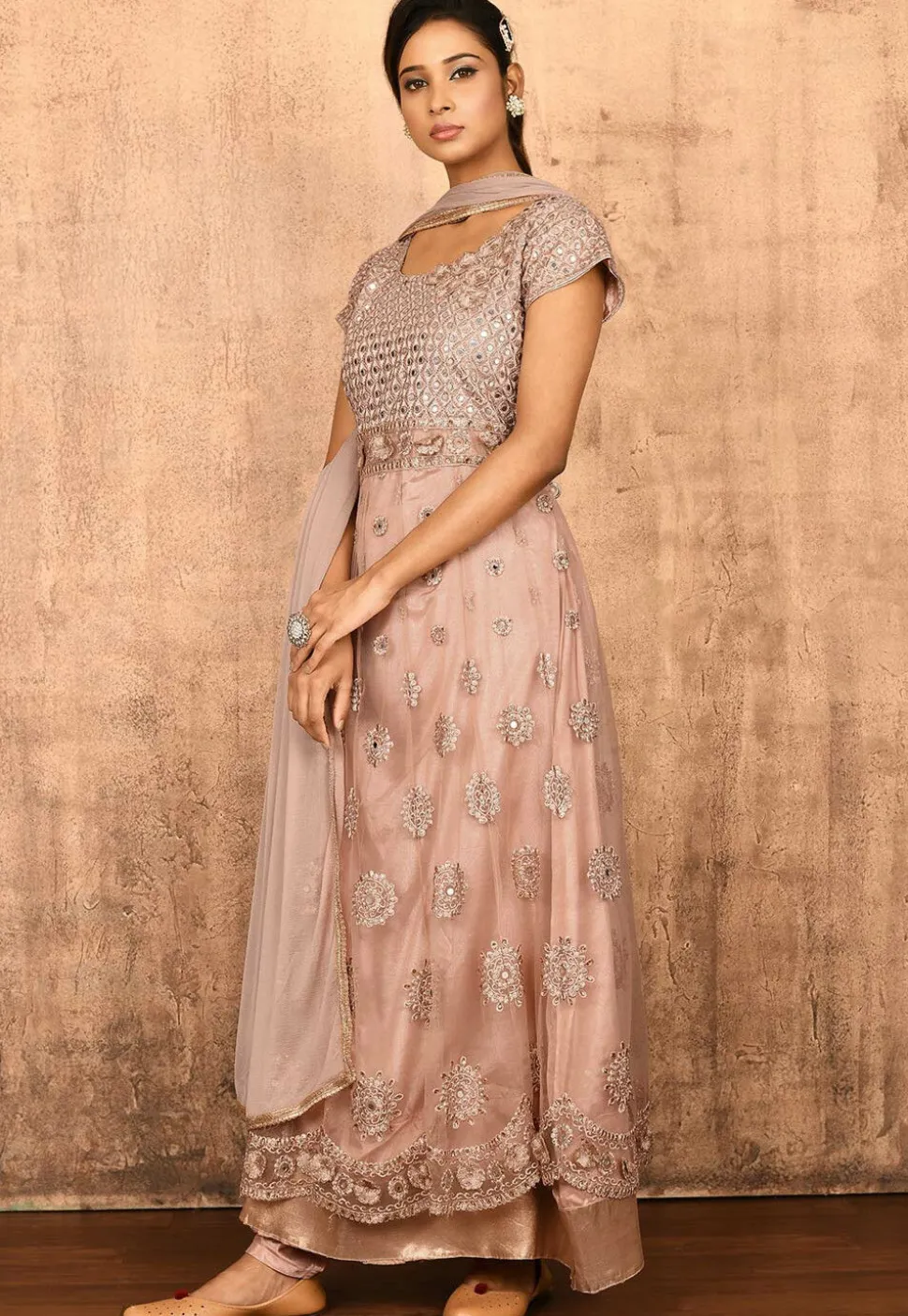 Embroidered Net Abaya Style Suit in Old Rose