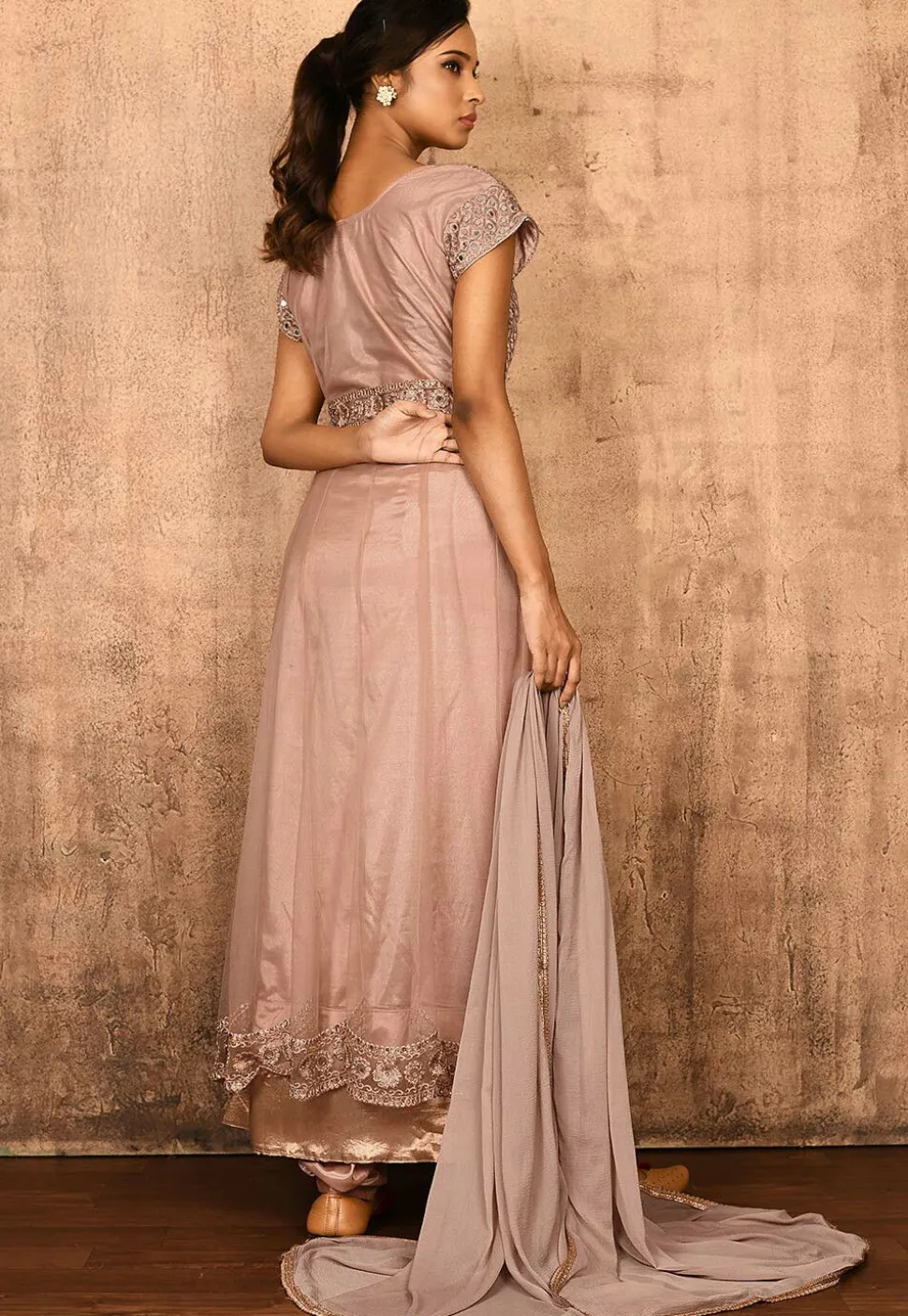 Embroidered Net Abaya Style Suit in Old Rose