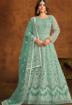 Embroidered Net Abaya Style Suit in Teal Green