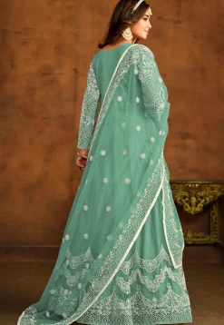 Embroidered Net Abaya Style Suit in Teal Green