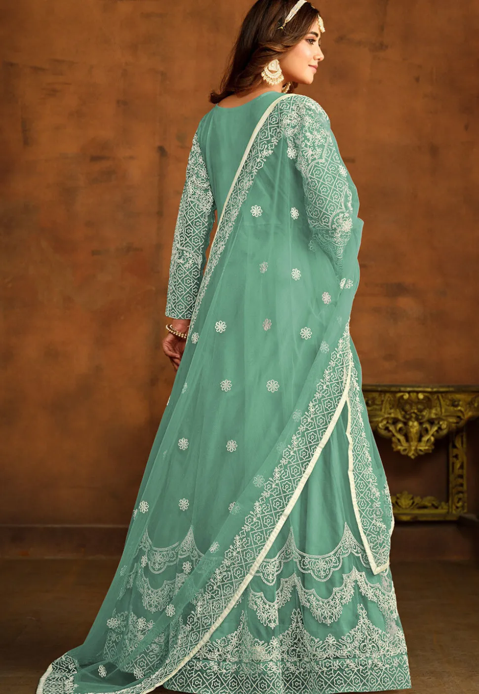 Embroidered Net Abaya Style Suit in Teal Green