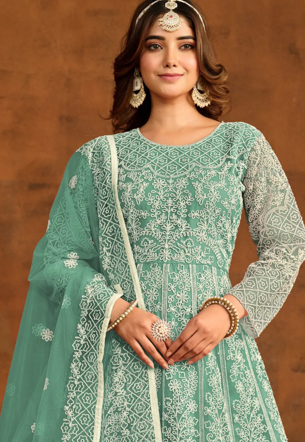 Embroidered Net Abaya Style Suit in Teal Green