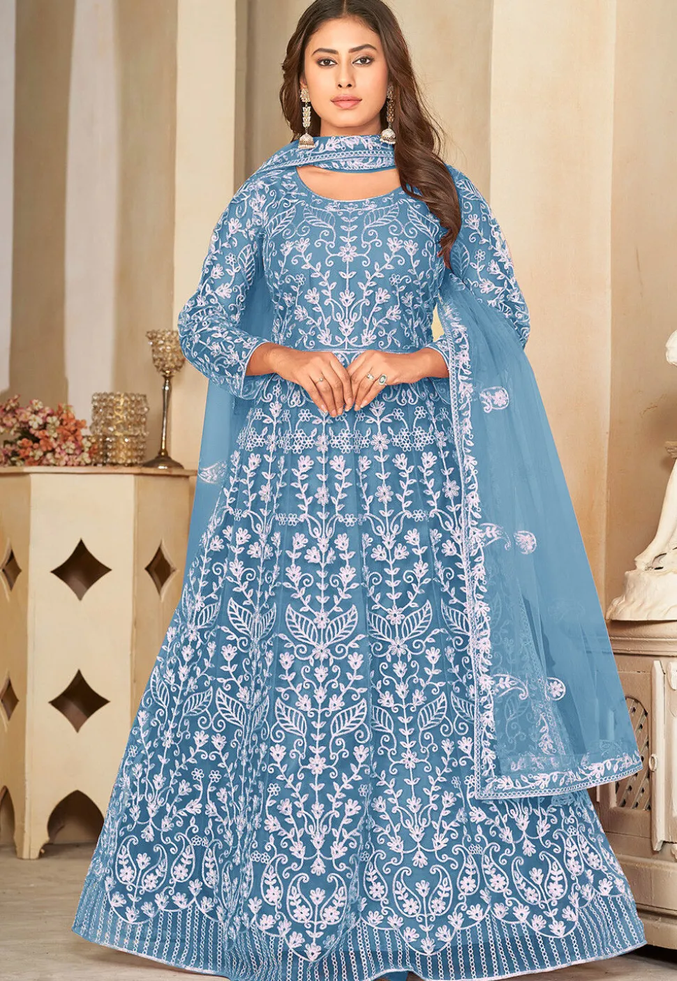 Embroidered Net Abaya Style Suit in Light Blue