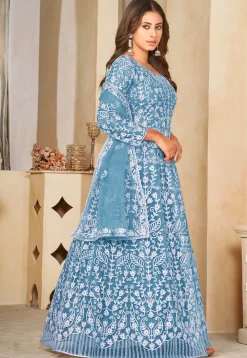 Embroidered Net Abaya Style Suit in Light Blue