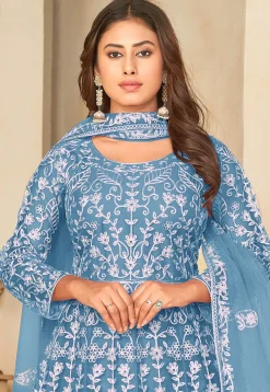 Embroidered Net Abaya Style Suit in Light Blue