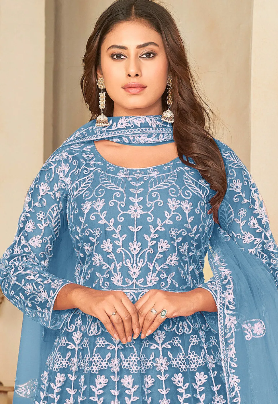 Embroidered Net Abaya Style Suit in Light Blue