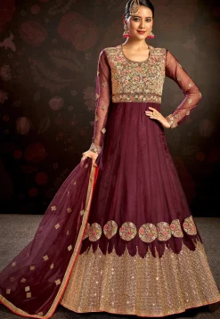 Embroidered Net Abaya Style Suit in Maroon