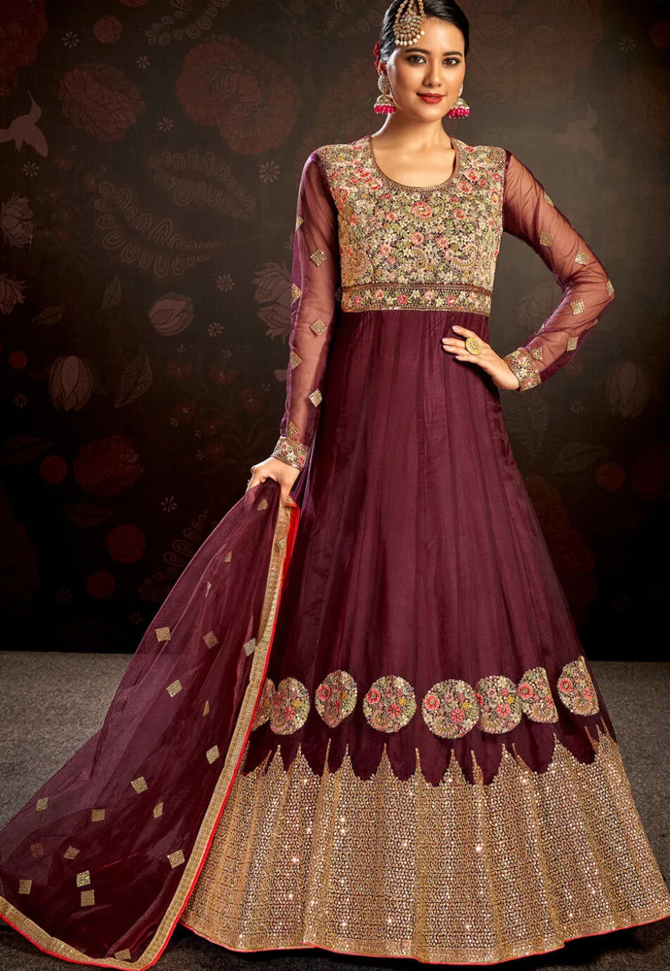 Embroidered Net Abaya Style Suit in Maroon