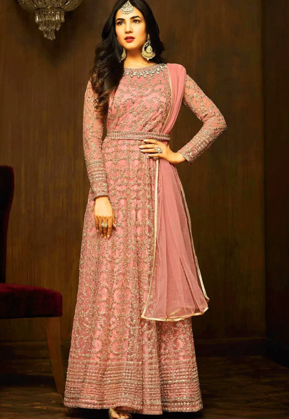 Embroidered Net Abaya Style Suit in Pink