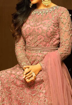 Embroidered Net Abaya Style Suit in Pink