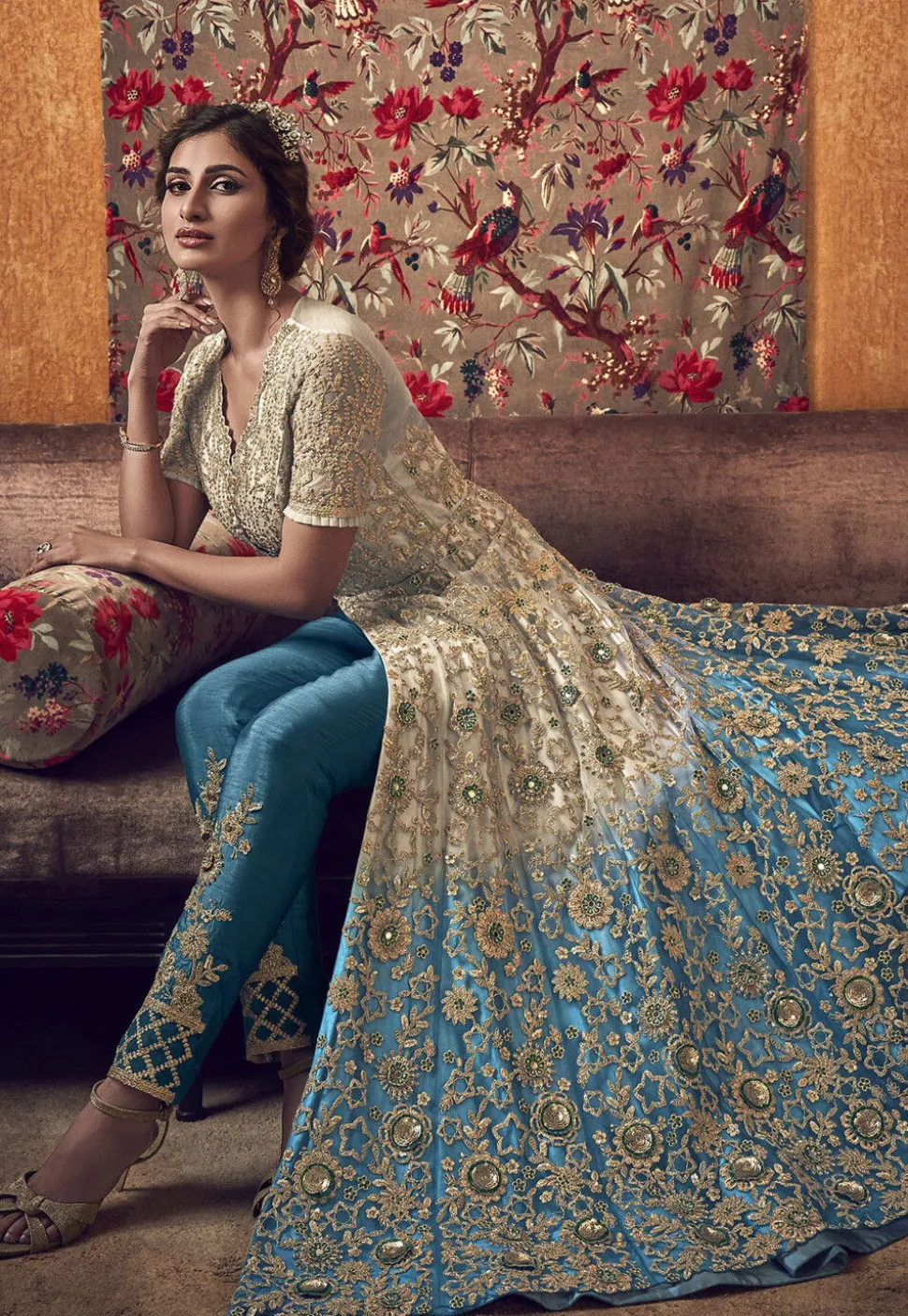 Embroidered Net Abaya Style Suit in Shaded Beige and Blue