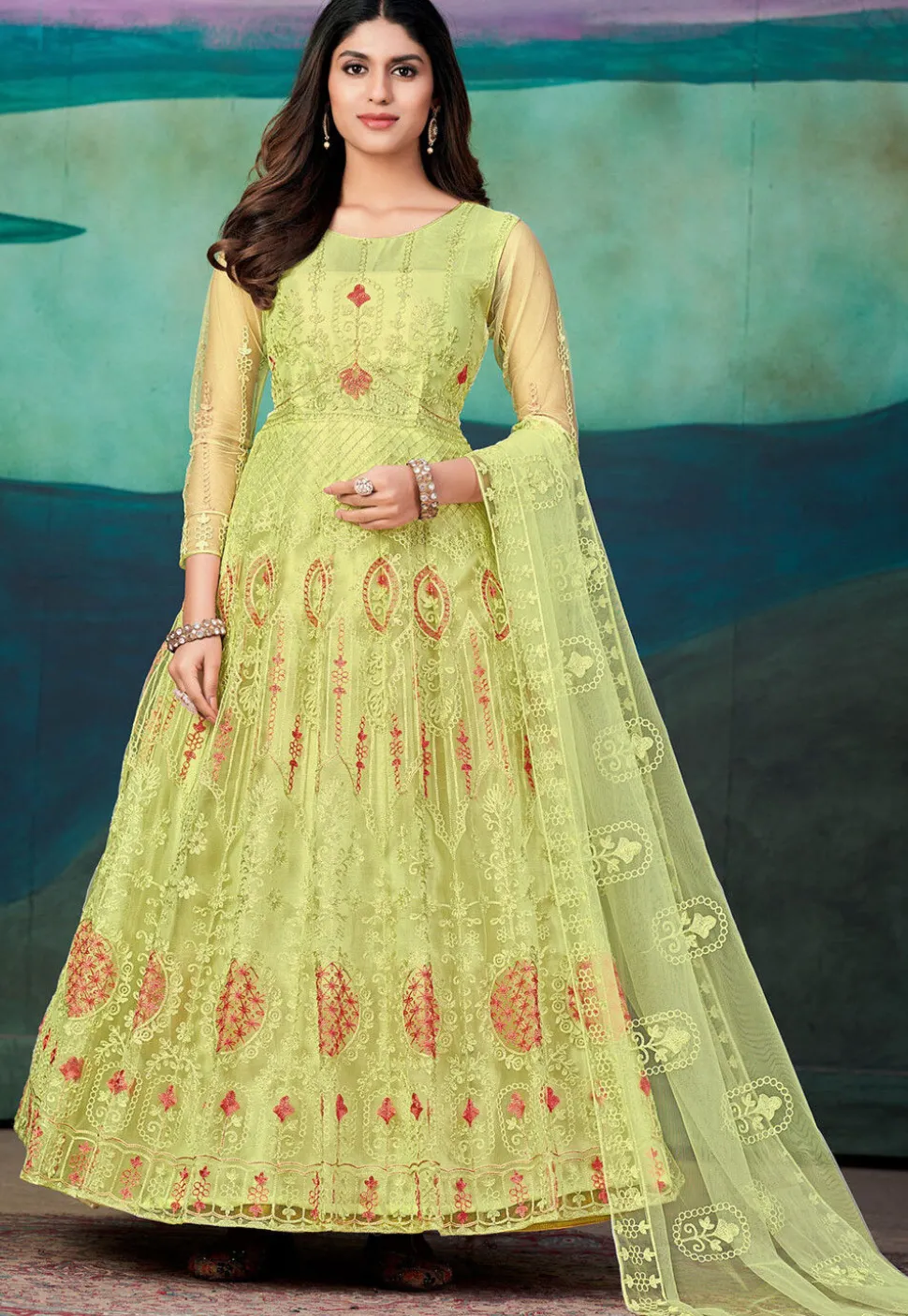 Embroidered Net Abaya Style Suit in Light Green