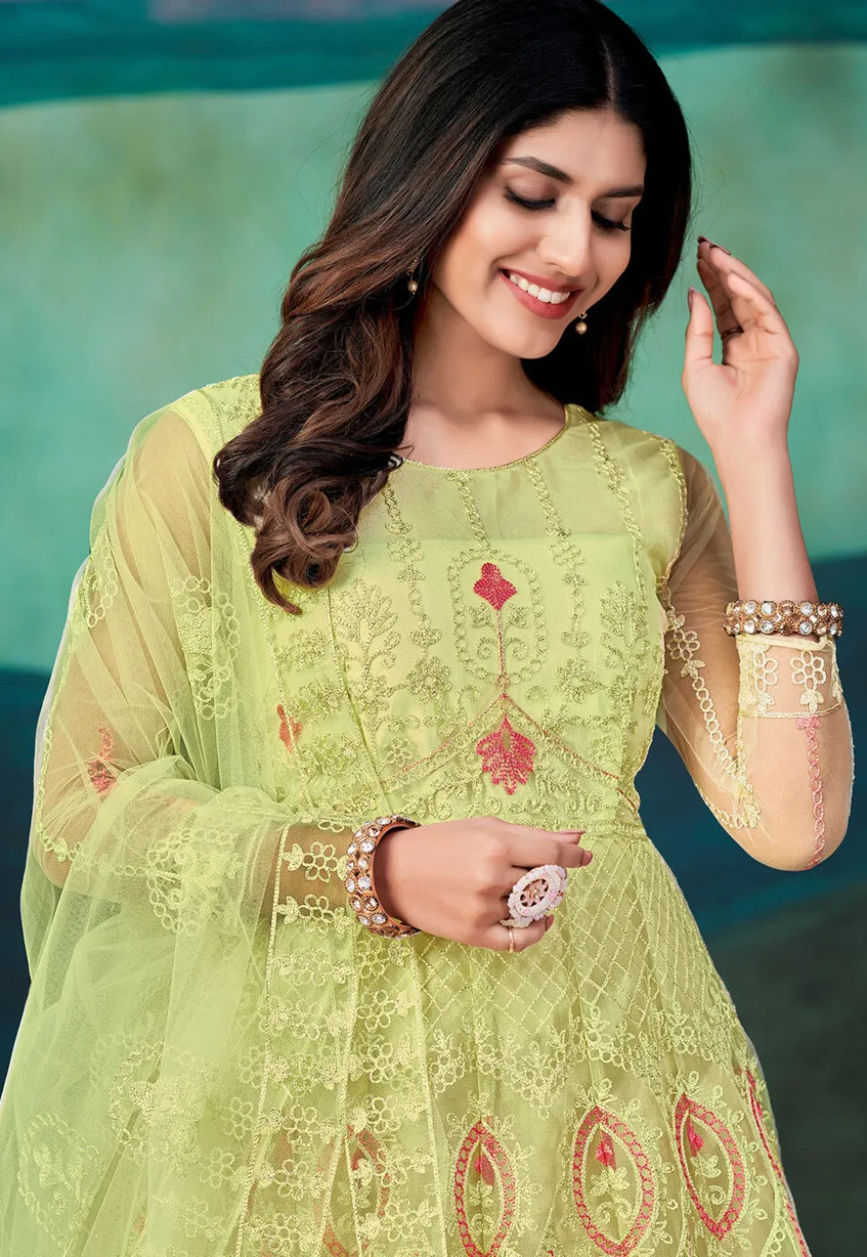 Embroidered Net Abaya Style Suit in Light Green