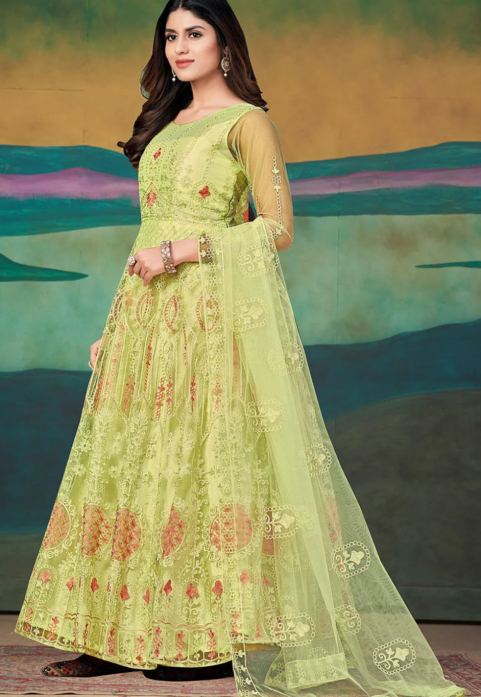 Embroidered Net Abaya Style Suit in Light Green