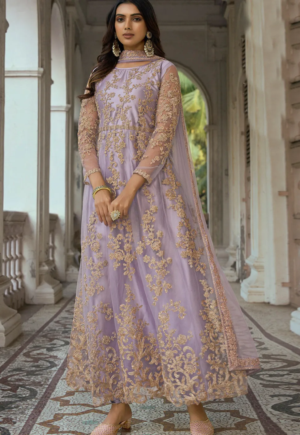 Embroidered Net Abaya Style Suit in Light Purple