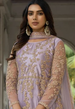 Embroidered Net Abaya Style Suit in Light Purple