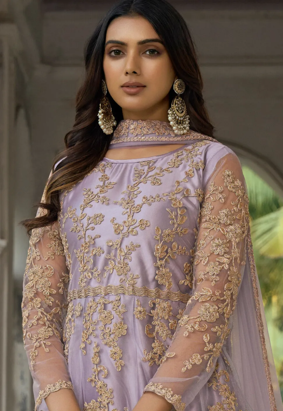 Embroidered Net Abaya Style Suit in Light Purple