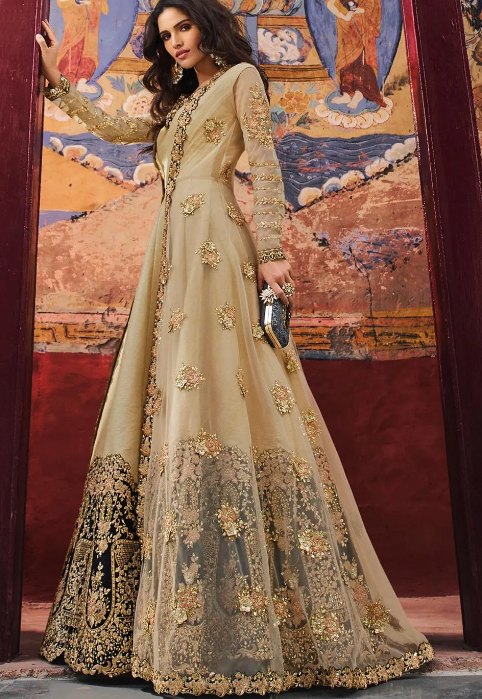 Embroidered Net Abaya Style Suit in Beige