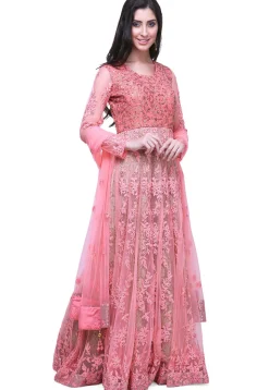 Embroidered Net Abaya Style Suit in Pink