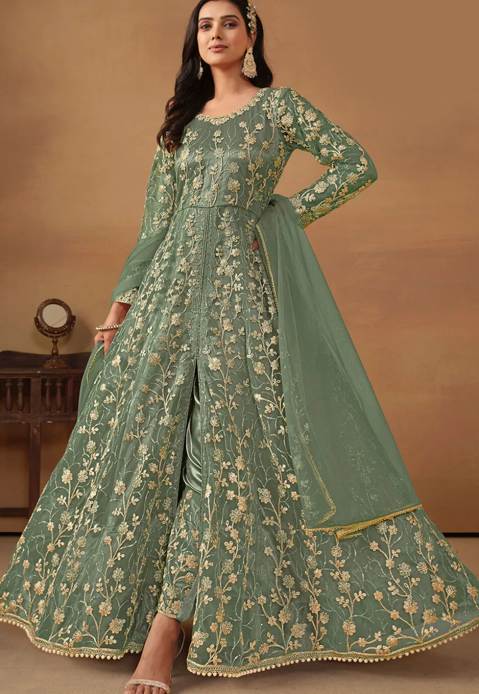 Embroidered Net Abaya Style Suit in Dusty Green