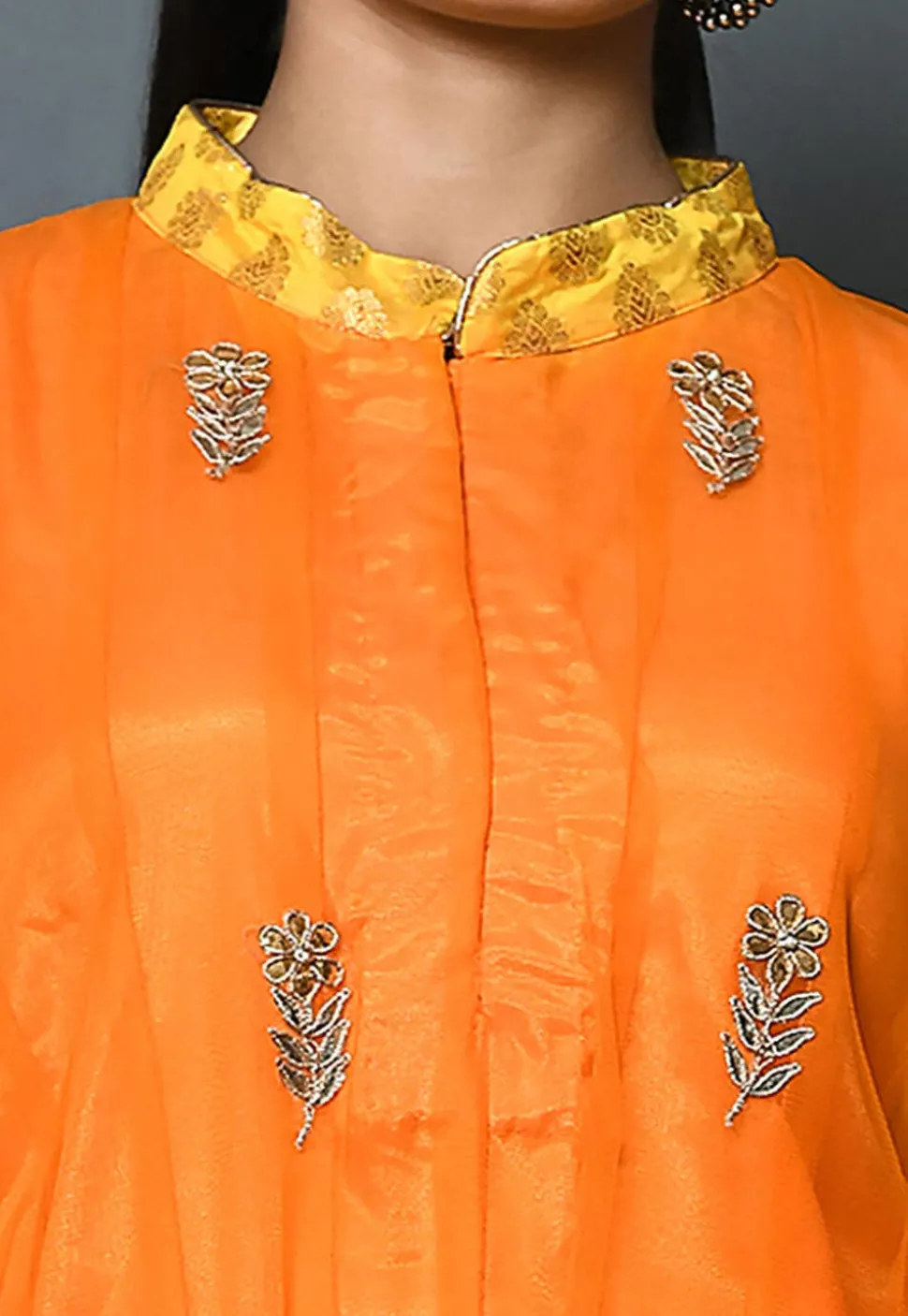 Embroidered Net Abaya Style Suit in Orange