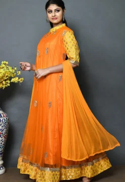 Embroidered Net Abaya Style Suit in Orange