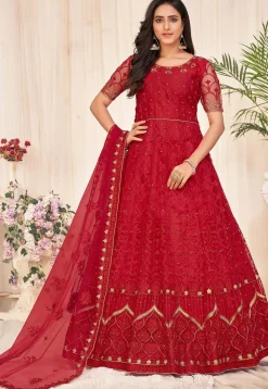 Embroidered Net Abaya Style Suit in Red