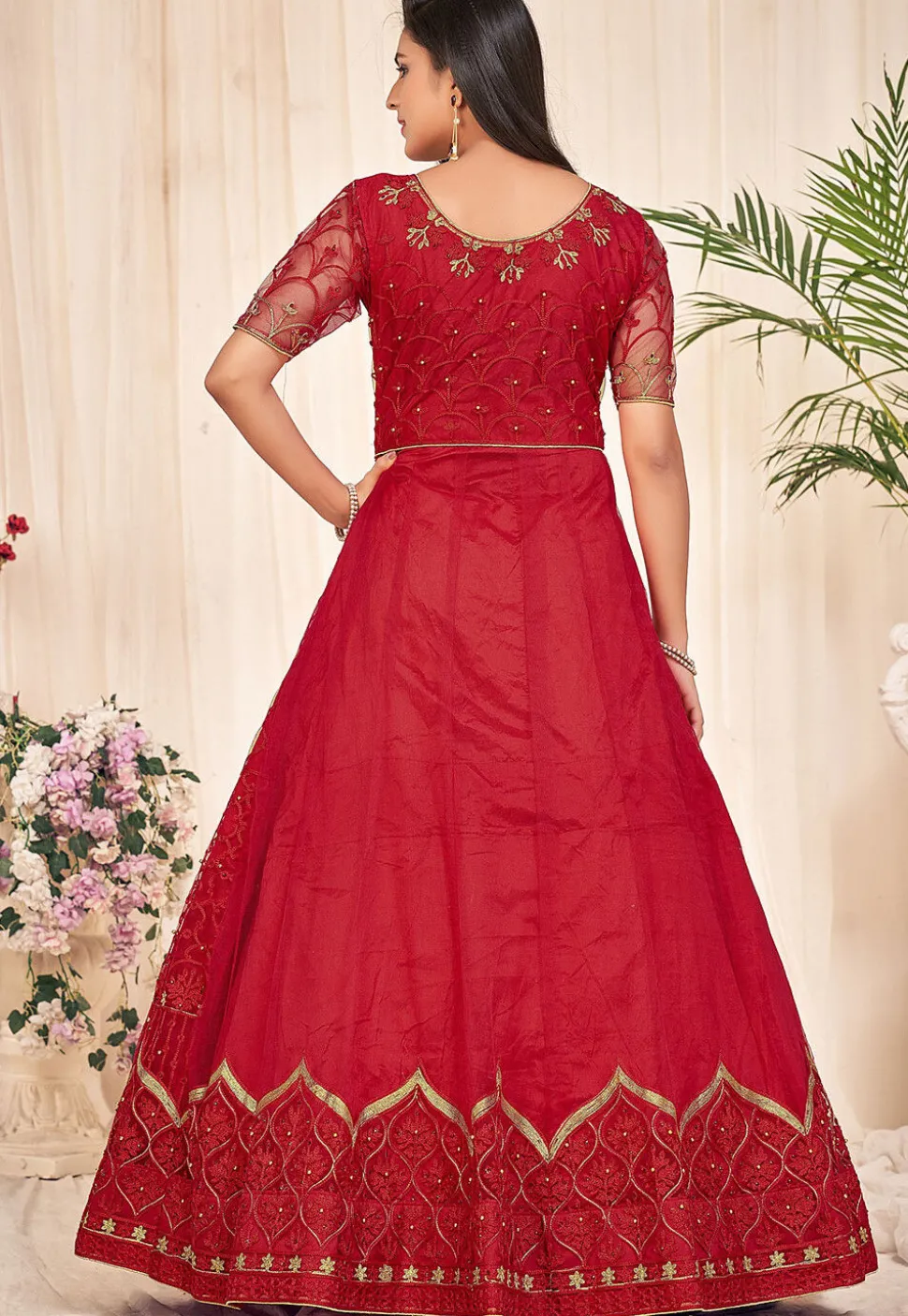 Embroidered Net Abaya Style Suit in Red