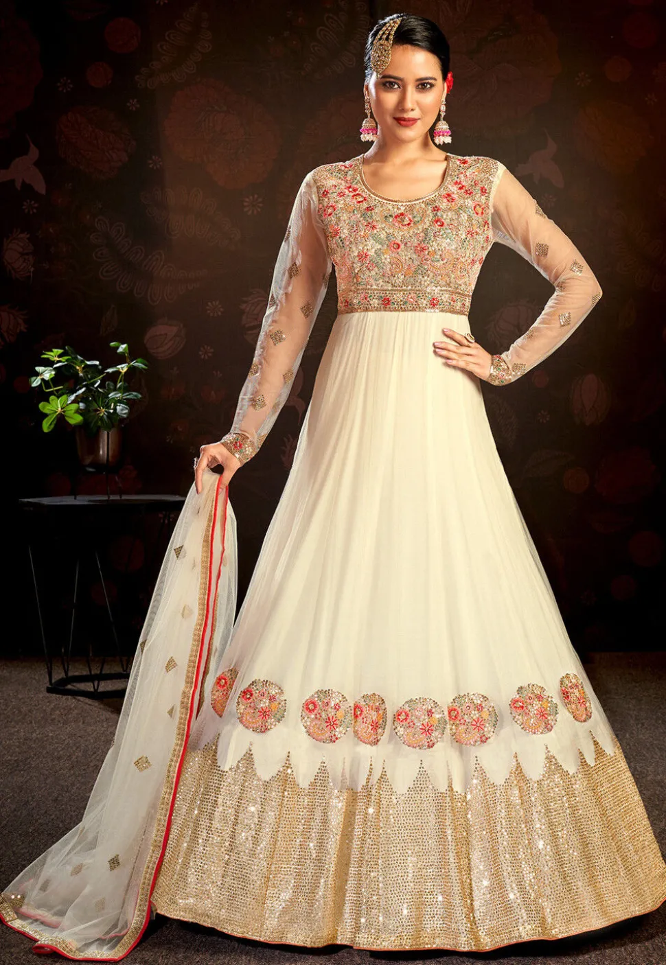 Embroidered Net Abaya Style Suit in Cream