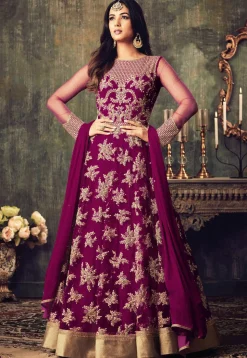 Embroidered Net Abaya Style Suit in Magenta
