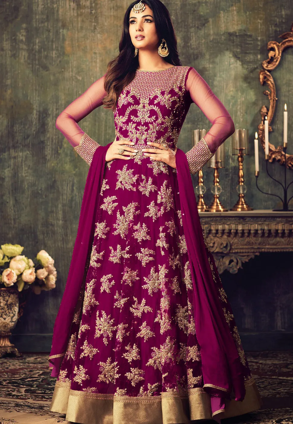 Embroidered Net Abaya Style Suit in Magenta